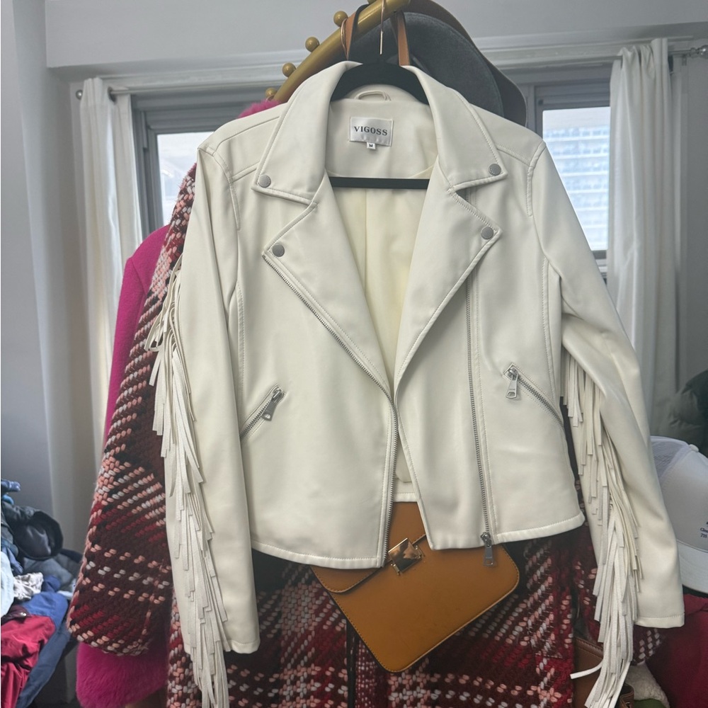 Vigoss Women's White  faux Leather Fringe Jacket
